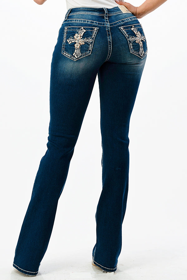 Cross Embellishment Recycle & Lycra Mid Rise Bootcut Jeans | EB-S620RC –  Grace in LA