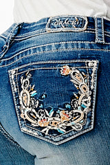 Multi-Color Floral Embroidery Mid Rise Bootcut Jeans | EB-51758