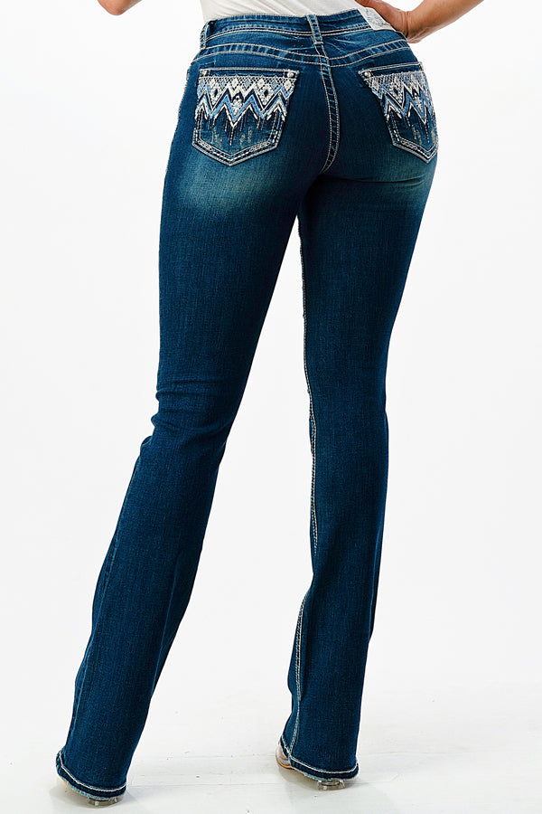 Western Detail Embellishment Mid Rise Bootcut Jeans | EB-51761