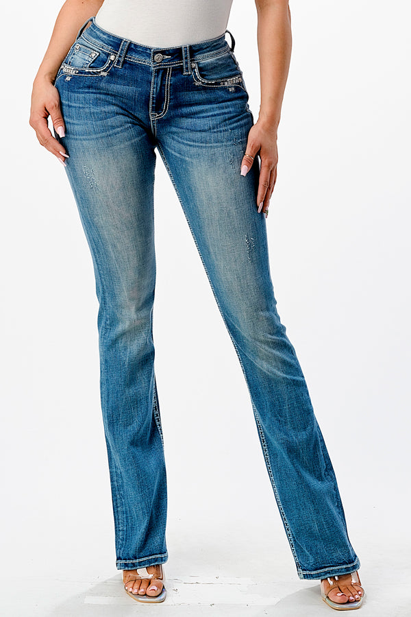 Floral Embellishment Mid Rise Bootcut Jeans | EB-51765