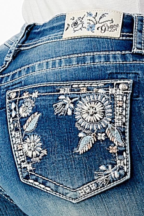 Floral Embellishment Mid Rise Bootcut Jeans | EB-51765