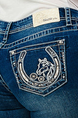 Horse Embellishment Mid Rise Bootcut Jeans | EB-51780