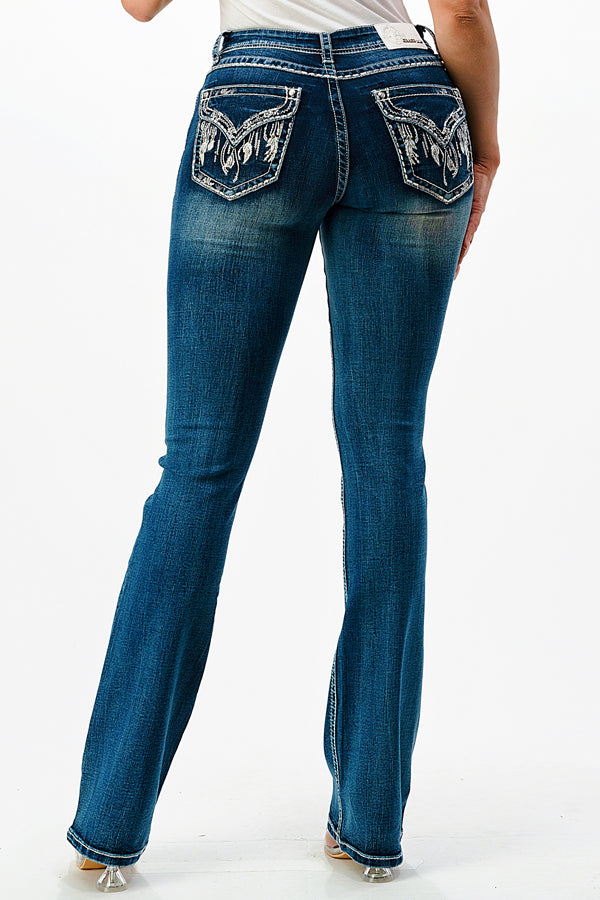Feather Faux Flap Embellishment Mid Rise Bootcut Jeans | EB-51786