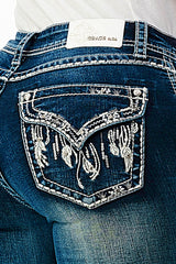 Feather Faux Flap Embellishment Mid Rise Bootcut Jeans | EB-51786