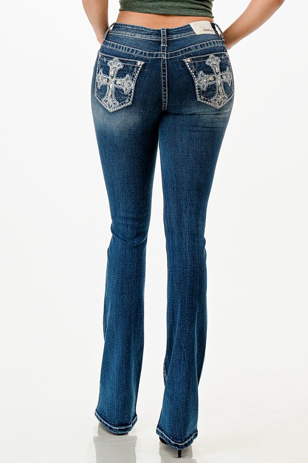 Cross Embellished Mid Rise Bootcut Jeans  | EB-51859-32“ & 34”