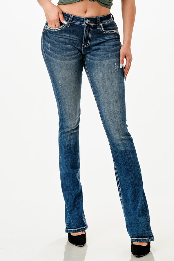 Cross Embellished Mid Rise Bootcut Jeans  | EB-51859-32“ & 34”