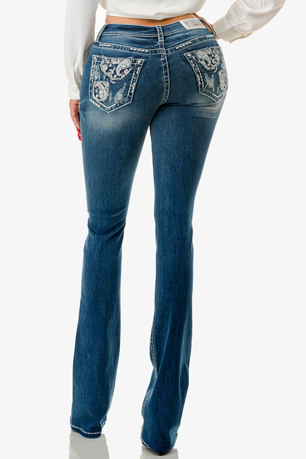Paisley Embroidery  Mid Rise Bootcut Jeans | EB-51863