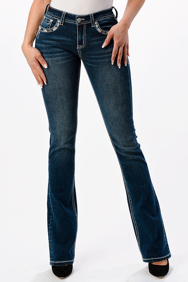 Steer Head Embroidery Mid Rise Bootcut Jeans | EB-61670