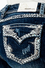 Border Stitches Faux Flap Embellishment Mid Rise Bootcut Jeans | EB-61675