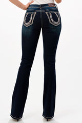 Horse Shoe Leather Detail  Mid Rise Bootcut Jeans | EB-61686