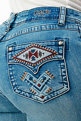 Aztec Detail Faux Flap Mid Rise Bootcut Jeans | EB-61731LT