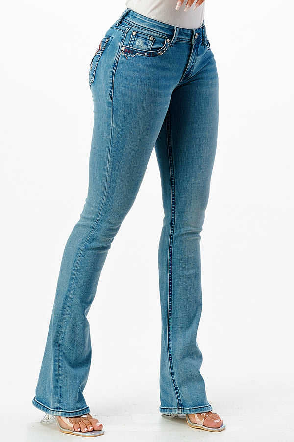 Aztec Detail Faux Flap Mid Rise Bootcut Jeans | EB-61731LT