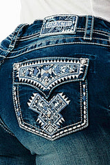 Aztec Faux Flap Embellishment Mid Rise Bootcut Jeans | EB-61735