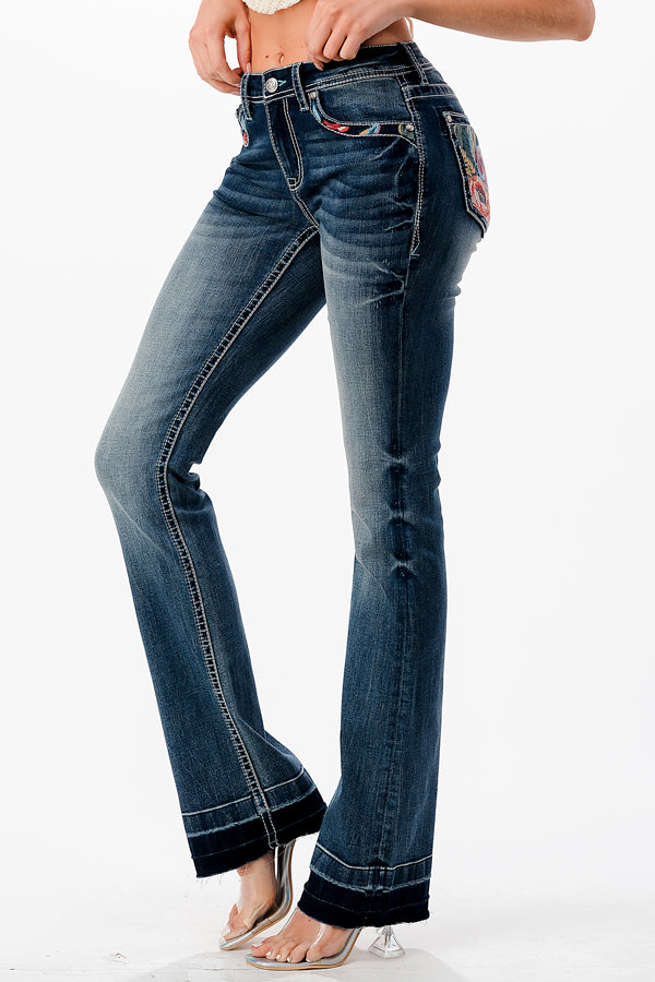 Colorful Floral Embroidery Hem Detail Mid Rise Bootcut Jeans | EB-61739
