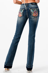 Colorful Floral Embroidery Hem Detail Mid Rise Bootcut Jeans | EB-61739