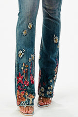 Floral Embroidery Boho Hem Detail Mid Rise  Boot Cut  | EB-61753