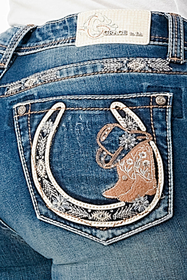Horse Shoe with Boot Hats Embroidery Mid Rise Bootcut Jeans | EB-81639