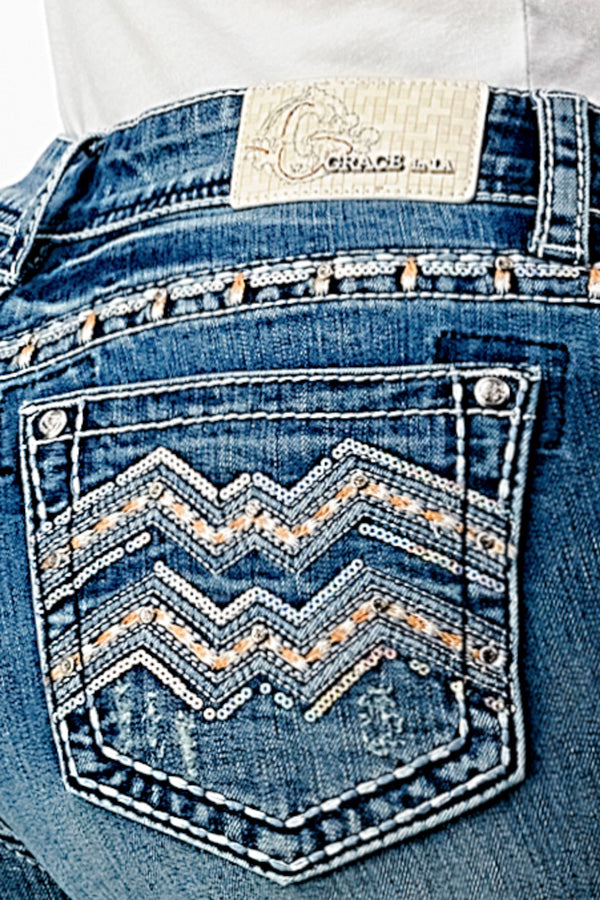 Chevron Embellishment Mid Rise Bootcut Jeans | EB-81661