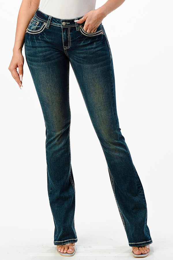Horse Shoe Modify Floral Embroidery Mid Rise Bootcut Jeans | EB-S594