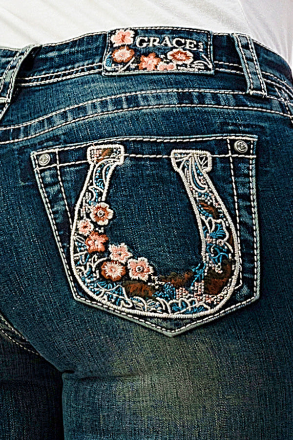 Horse Shoe Modify Floral Embroidery Mid Rise Bootcut Jeans | EB-S594