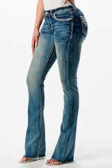 Feather Detail Embellishment Mid Rise Bootcut Jeans | EB-S605