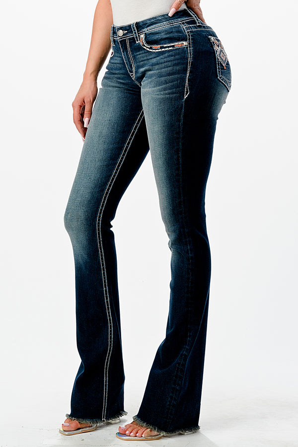 Aztec Detail Lycra & Recycle Fabric Mid Rise Bootcut Jeans | EB-S617RC-32" & 34"