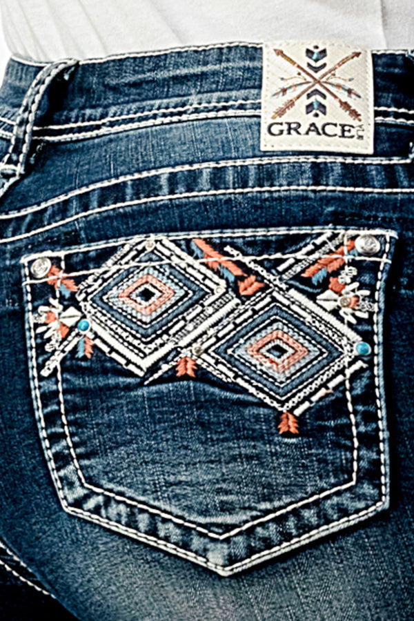 Aztec Detail Lycra & Recycle Fabric Mid Rise Bootcut Jeans | EB-S617RC-32" & 34"