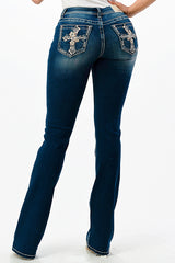 Cross Embellishment Recycle & Lycra Mid Rise Bootcut Jeans | EB-S620RC