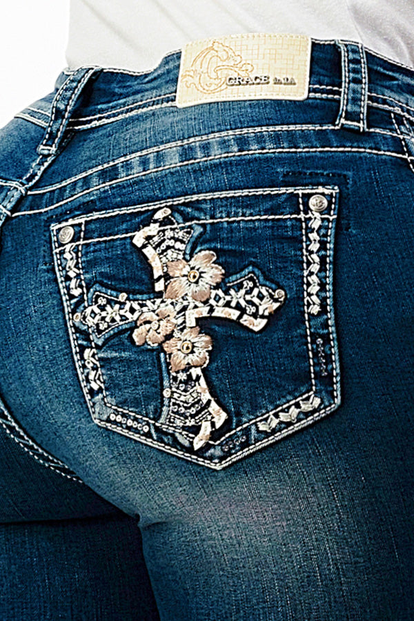 Cross Embellishment Recycle & Lycra Mid Rise Bootcut Jeans | EB-S620RC