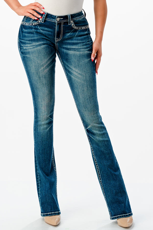 Necklace Embellishment Mid Rise Bootcut Jeans | EB-S647 , 32" & 34"