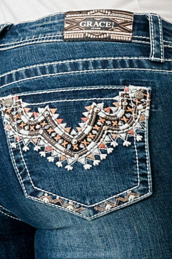 Aztec Embellishment Mid Rise Bootcut Jeans | EB-S654