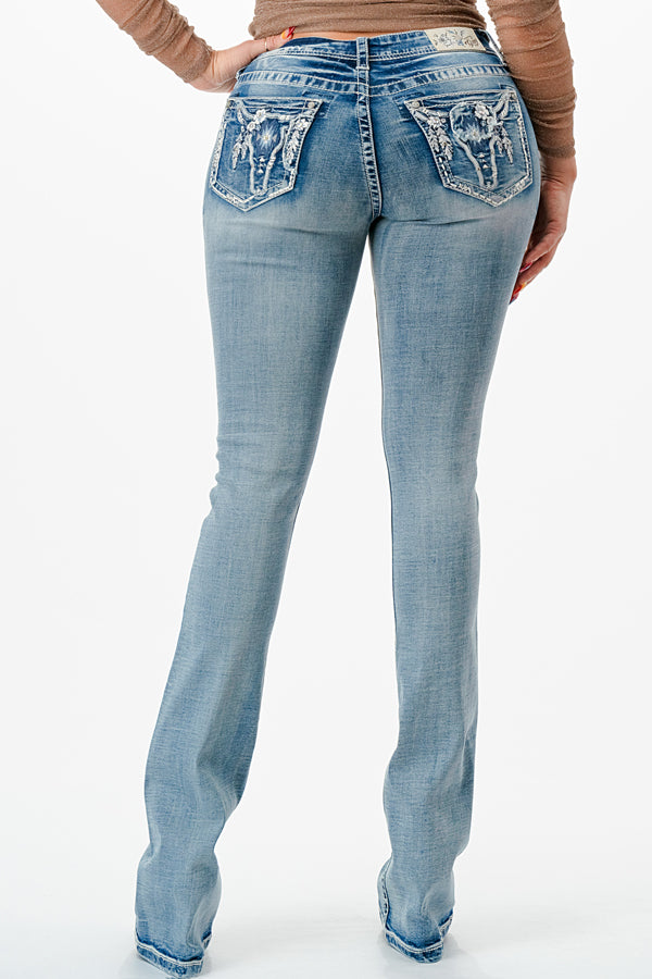 Steer Head Embellished Mid Rise Bootcut Jeans  | EB-S679-32“ & 34”