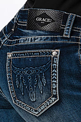 Steer Head 3D Detail Mid Rise Flare Jeans | EL-61697