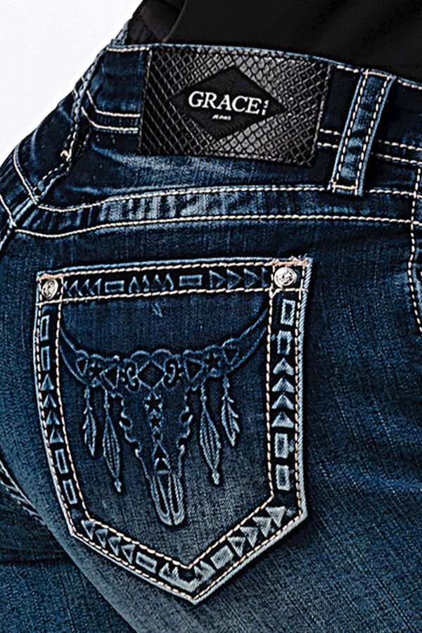 Steer Head 3D Detail Mid Rise Flare Jeans | EL-61697