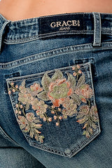 Floral Embroidery  Design  Mid Rise Flare Jeans | EL-81652
