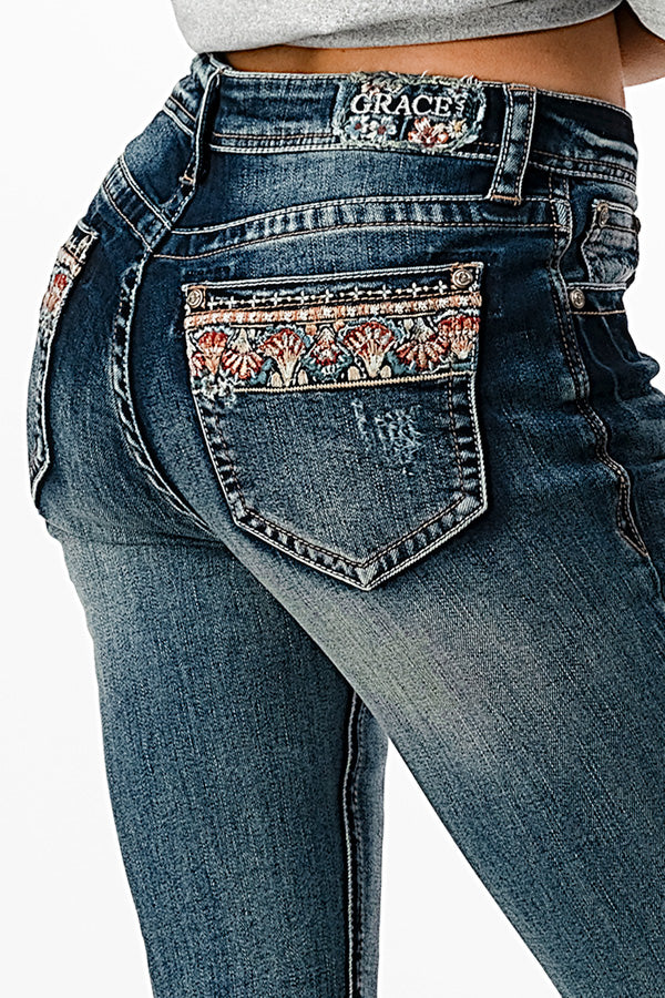 Floral Embroidery with Hem Detail Mid Rise Skinny Jeans | EN-61755