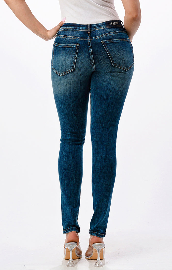 Basic 5 Pockets Med Blue Mid Rise Skinny Jeans | EN-9529