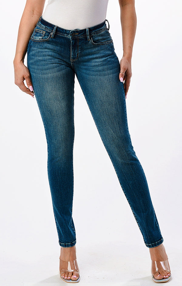 Basic 5 Pockets Med Blue Mid Rise Skinny Jeans | EN-9529