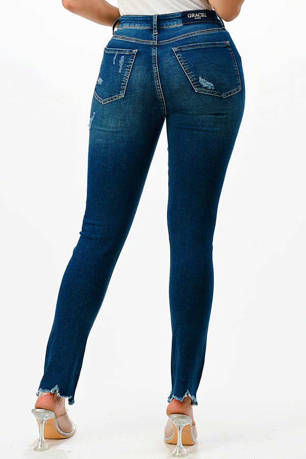 Distressed  Medium Blue  Knit Denim Mid Rise Skinny Jeans | EN-9553-KT