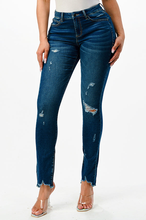 Distressed  Medium Blue  Knit Denim Mid Rise Skinny Jeans | EN-9553-KT