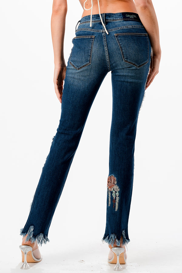 Floral Embroidery with Hem Detail  Mid Rise Straight Jeans | ET-81651