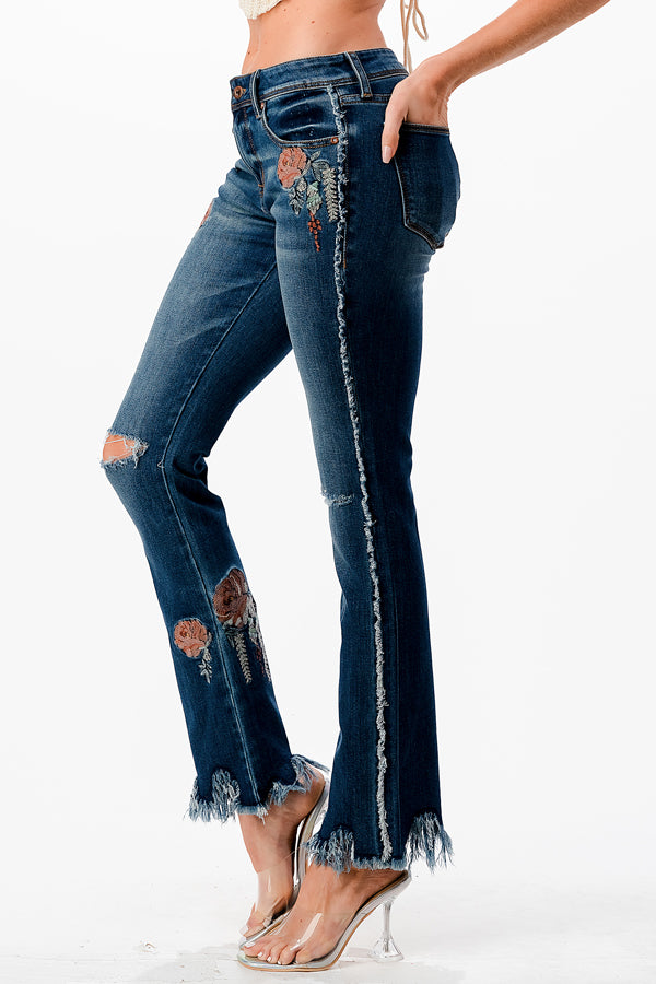 Floral Embroidery with Hem Detail  Mid Rise Straight Jeans | ET-81651