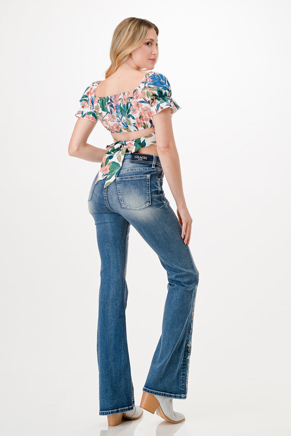Floral Embroidery Printing  High waist Flare | HL-61840