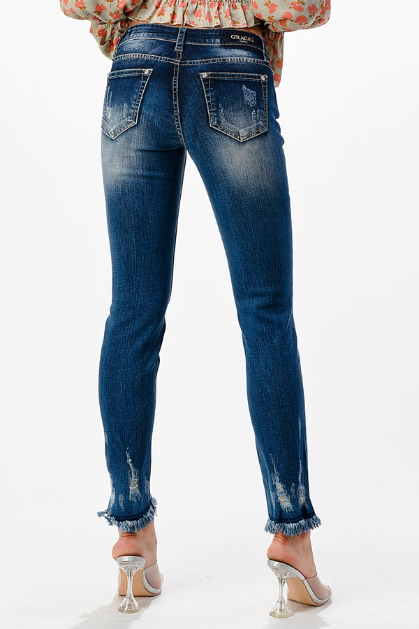 Distress with Hem Detail Med Blue Mid Rise Skinny Jeans | EN-51685