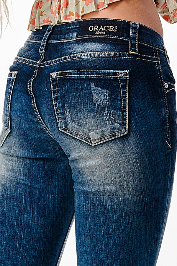 Distress with Hem Detail Med Blue Mid Rise Skinny Jeans | EN-51685