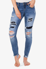 Patch Work  Med Blue Mid Rise Skinny Jeans | EN-9502