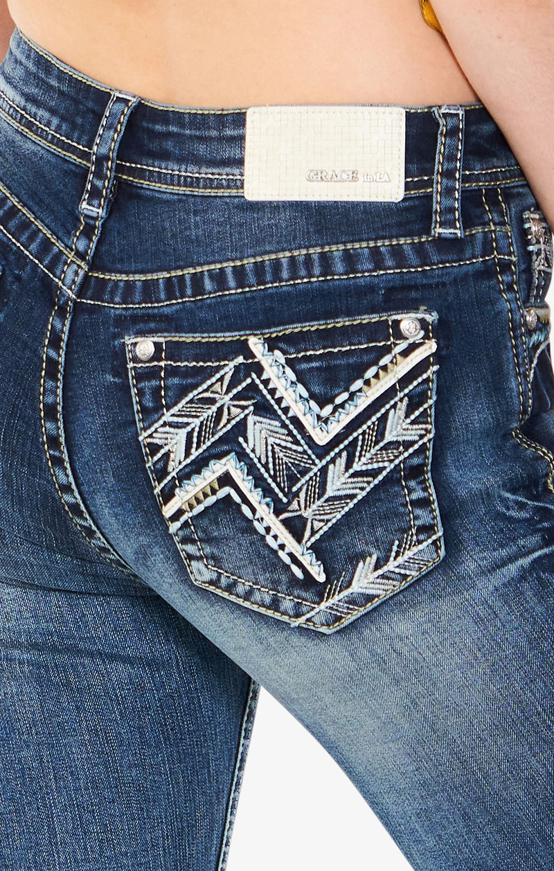Geometric Detail Mid Rise  Bootcut Jeans | EB-51688