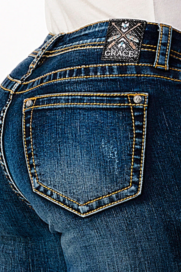 Aztec Detail Embellishment Mid Rise Bootcut Jeans 32" & 34"| EB-51729