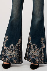 Multi Color Embroidery Trim Bottom Design  Mid Rise Flare Jeans | EL-61562