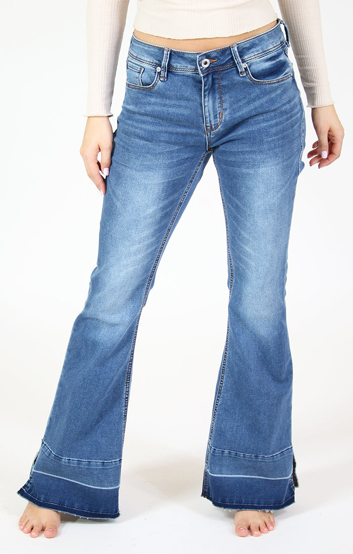 Medium Wash Mid Rise Knit Denim 32"  Inseam Flare Jeans | EL-9262-32